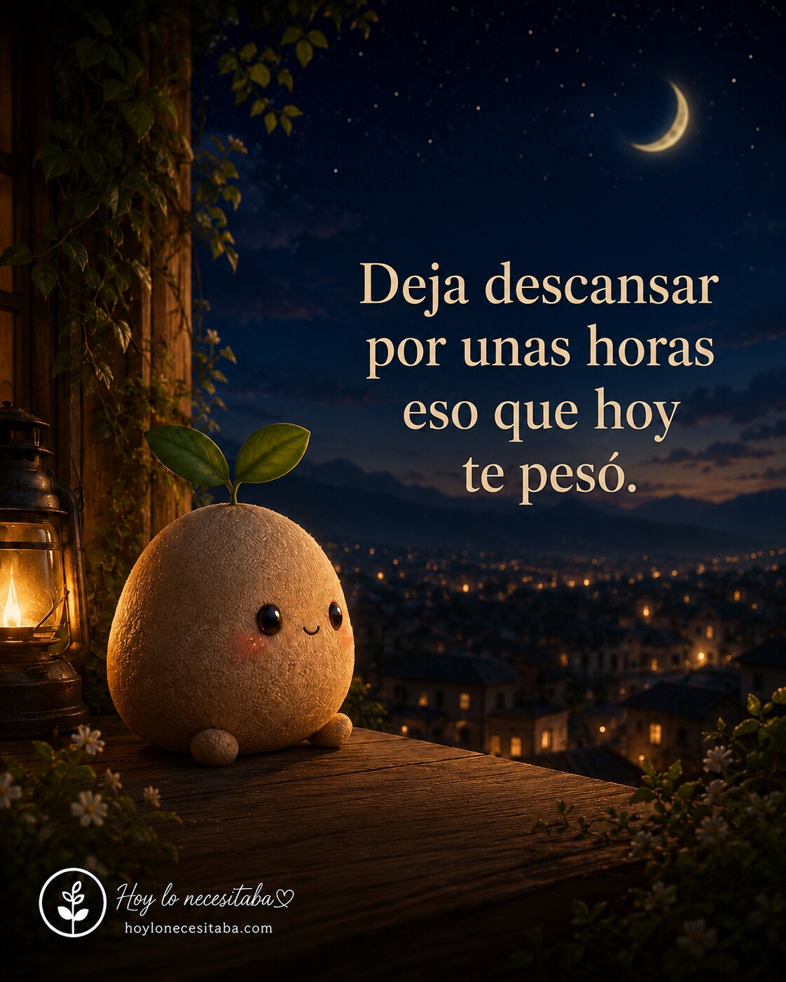 Semillita contempla una ciudad iluminada bajo la luna junto a un farol, invitando a dejar descansar por unas horas aquello que hoy pesó.