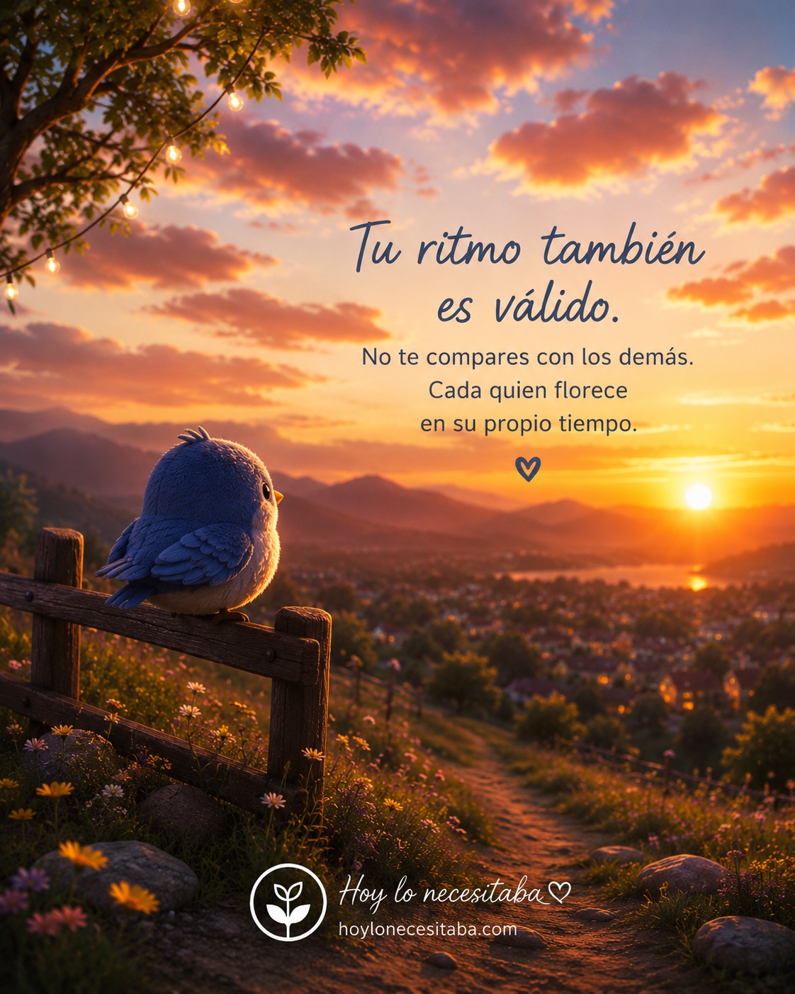 Pajarito contempla el atardecer desde una cerca de madera, mientras un sendero desciende hacia un pueblo rodeado de montañas y flores.