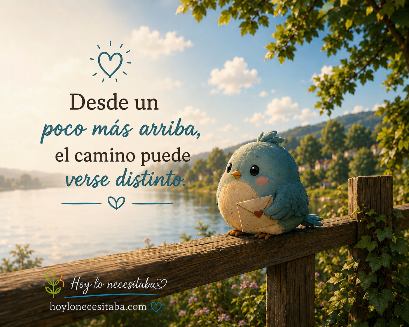 Pajarito sostiene una carta mientras contempla un lago en una tarde luminosa, invitándonos a mirar el camino desde otro lugar.