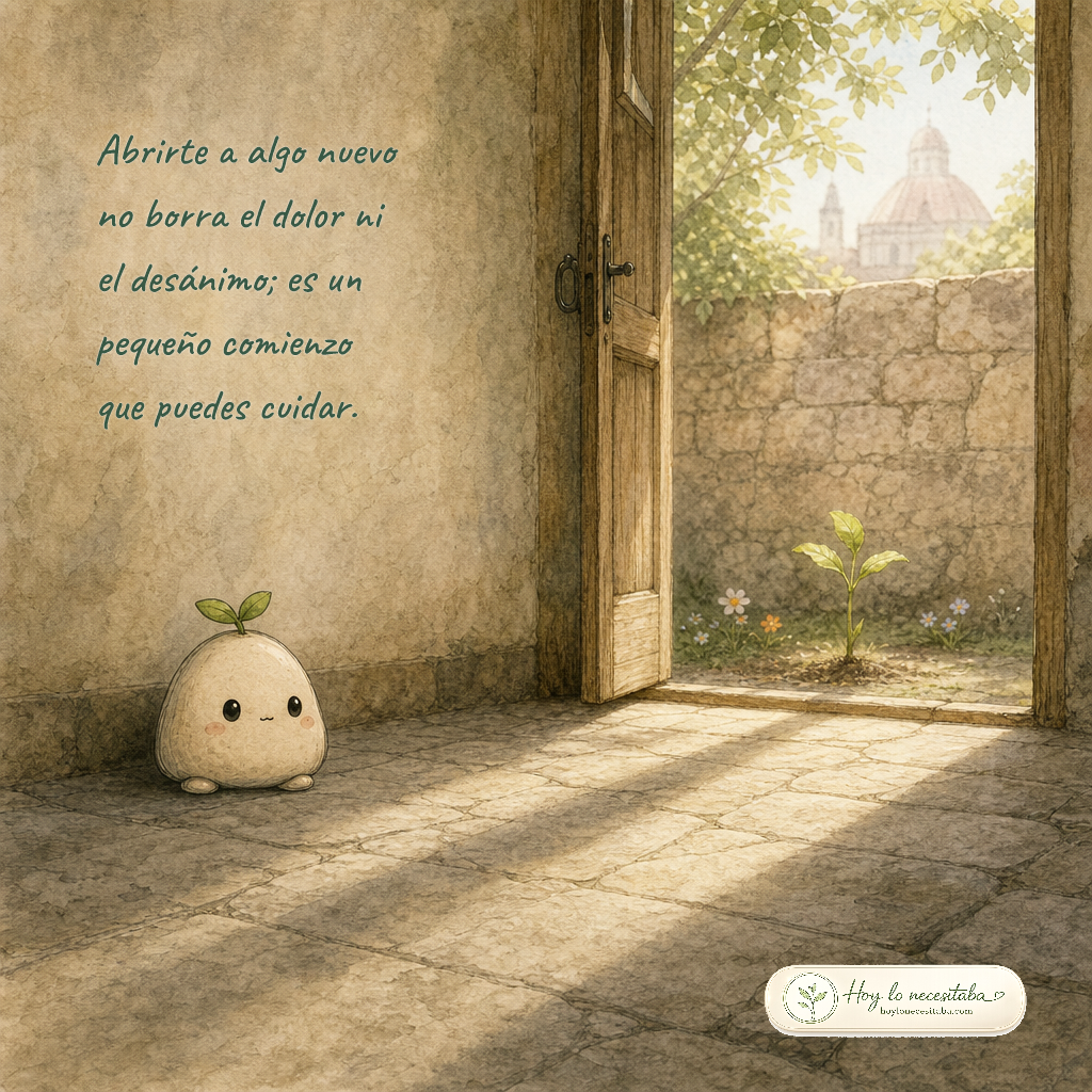 Semillita observa desde un vestíbulo antiguo una puerta abierta hacia un patio iluminado con un brote joven.