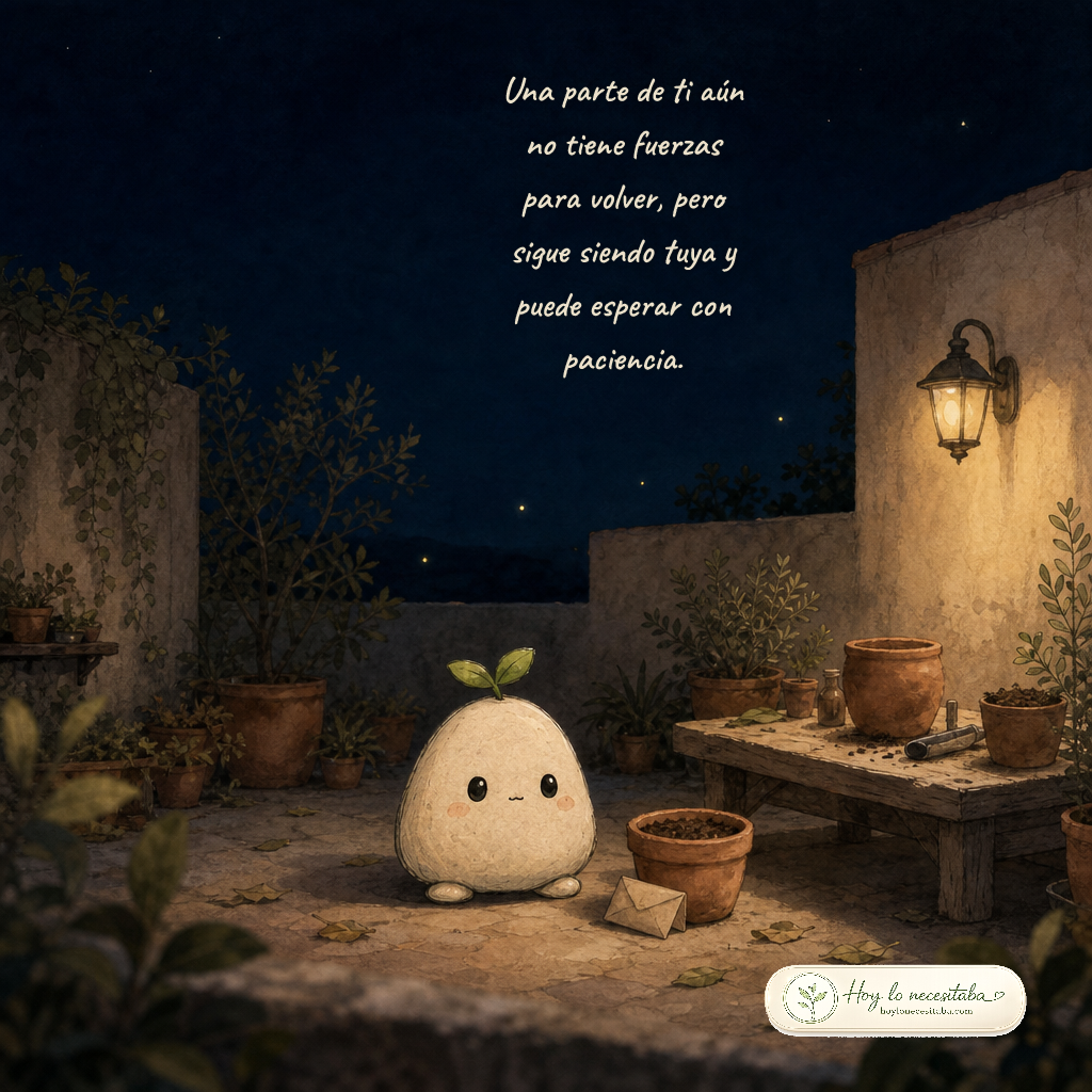 Semillita en un patio nocturno de jardinería, junto a una maceta preparada y un pequeño sobre de papel.