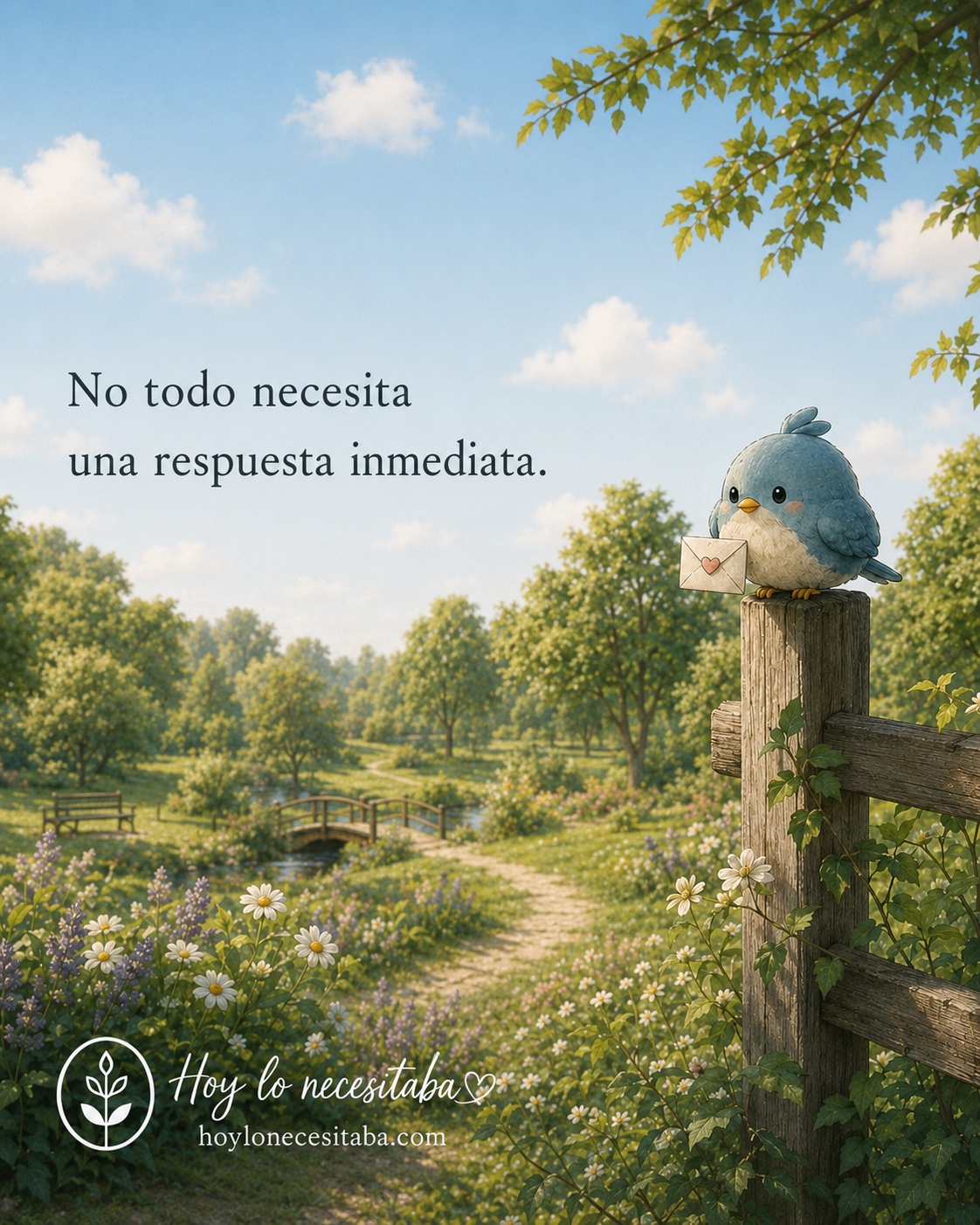 Pajarito sostiene un pequeño sobre en un jardín y recuerda que algunas palabras llegan para acompañarnos, no para exigirnos algo.