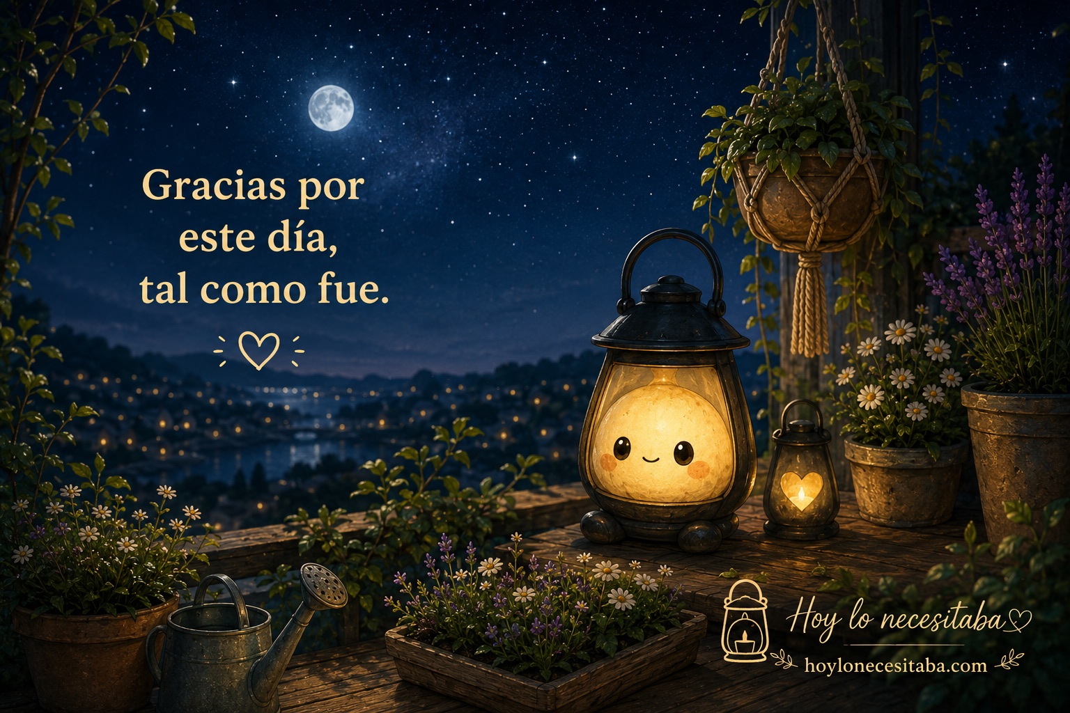 Luz ilumina una terraza bajo la luna y acompaña el cierre del día con una gratitud tranquila y sincera.