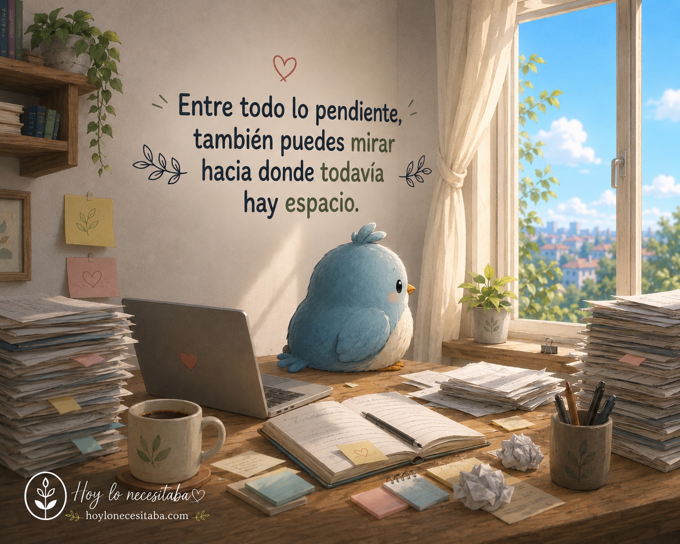 Pajarito mira más allá de un escritorio lleno y acompaña a quien necesita recordar que sus asuntos pendientes no ocupan todo el espacio del día.