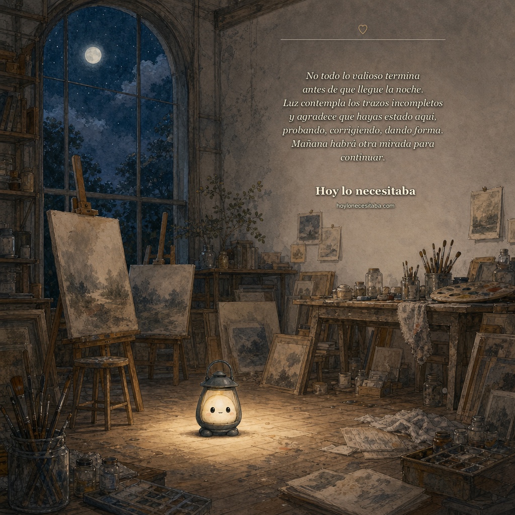 Taller de pintura antiguo iluminado por la luna, con lienzos, caballetes, pinceles y frascos alrededor; una pequeña lámpara con rostro brilla sobre el suelo de madera.